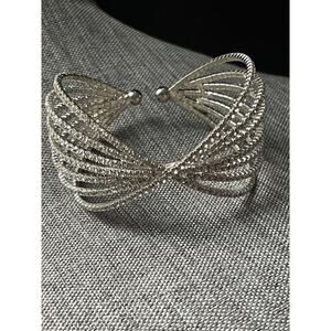 Rhinestone Cuff Bracelet Silver Tone Filigree Glamour Cocktail Wedding Formal